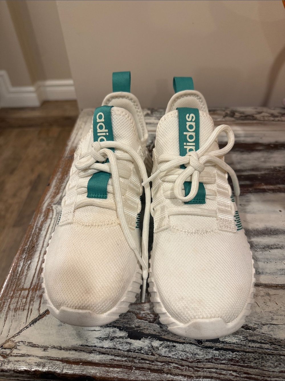 adidas Kids White Sneakers with Teal Pull Tabs